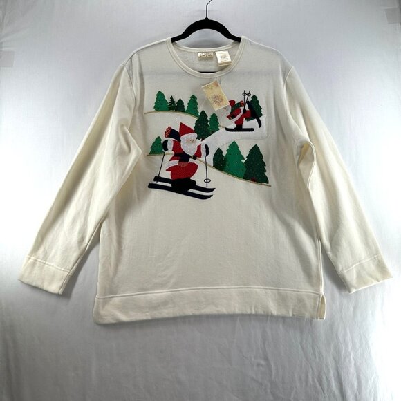 Bobbie Brooks Sweaters - Bobbie Brooks Holiday Sweater L Christmas Tree Santa Embroidered Pullover Ivory
